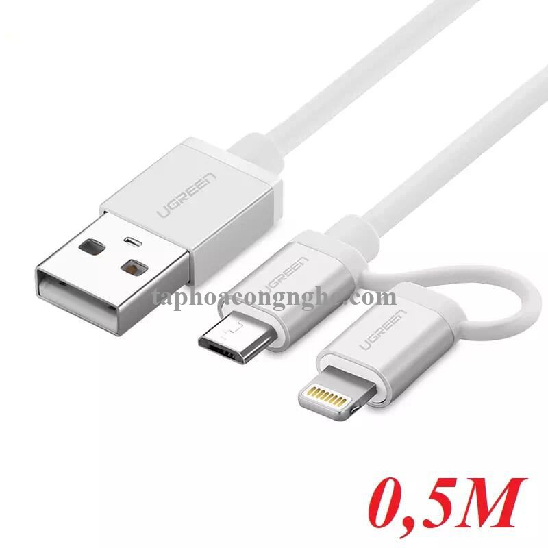 Ugreen 20747 0.5M màu Trắng Cáp sạc đa năng USB sang MicroUSB + Lightning US165 30020747